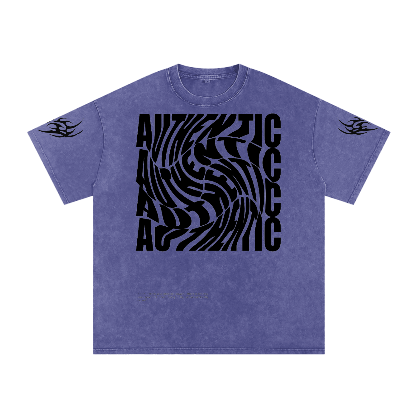 Purple vintage tee with bold 'AUTHENTIC' graphic print and tribal sleeve designs, streetwear style