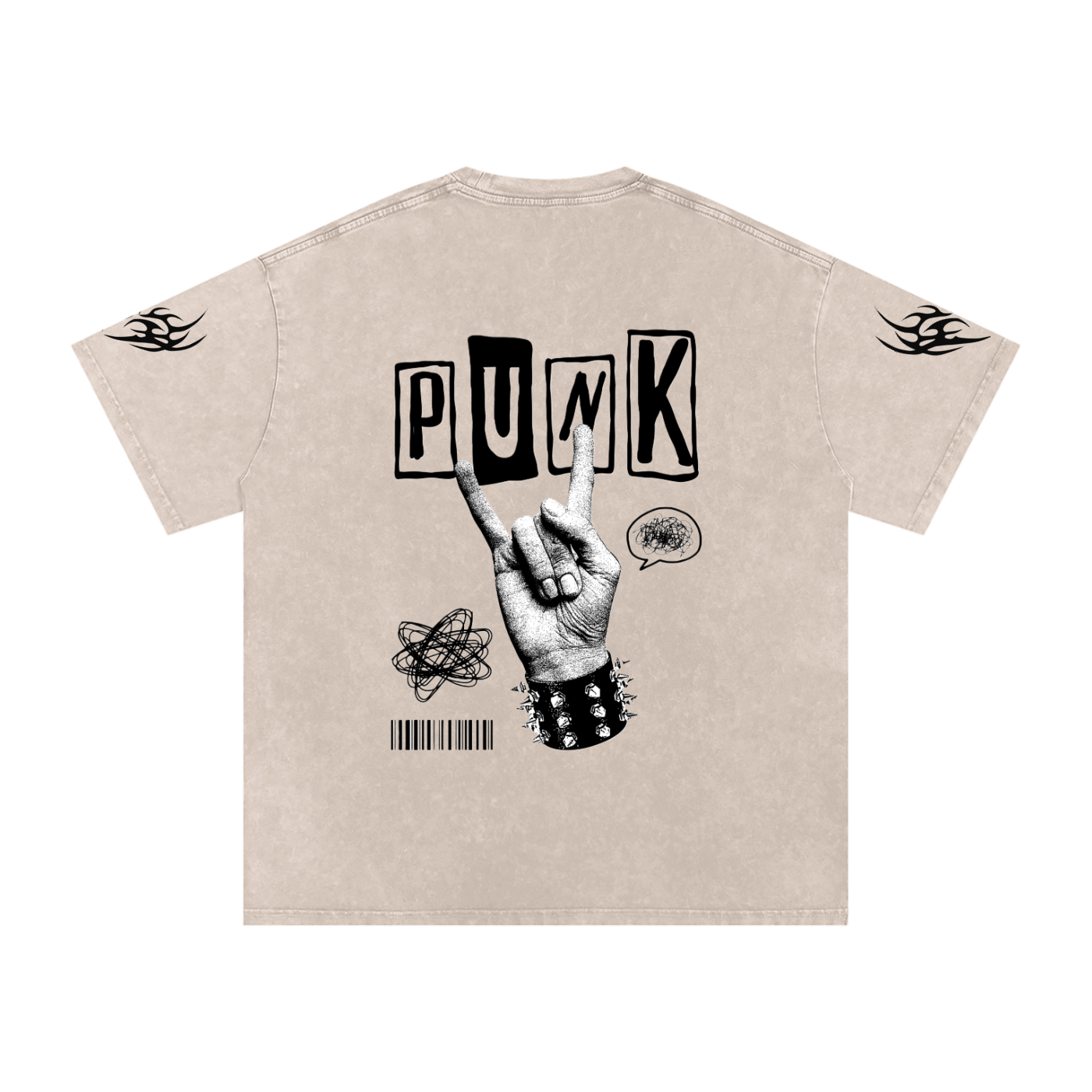 Beige punk t-shirt with bold 'PUNK' graphic, rock hand sign, spiked wristband, and flame sleeve details