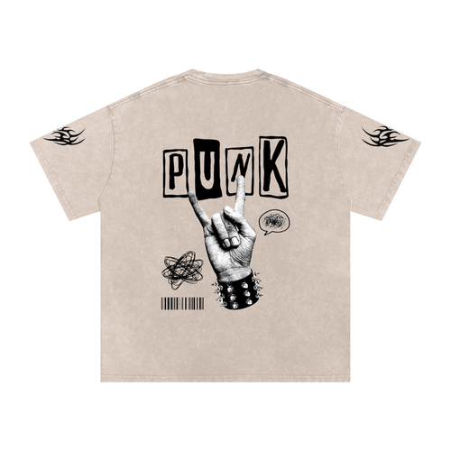 Beige punk t-shirt with bold 'PUNK' graphic, rock hand sign, spiked wristband, and flame sleeve details