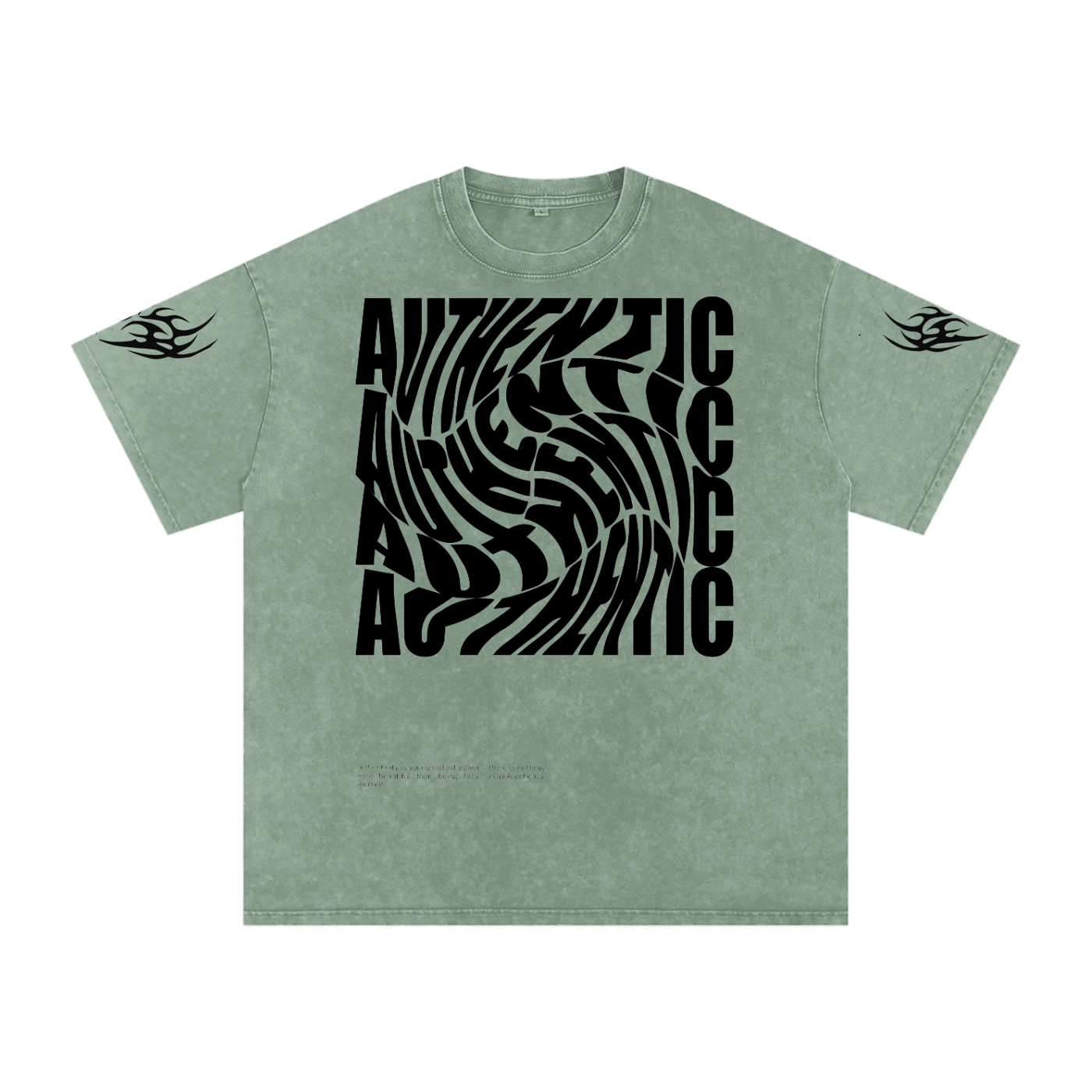 Green graphic tee with bold 'AUTHENTIC' spiral print and tribal sleeve designs