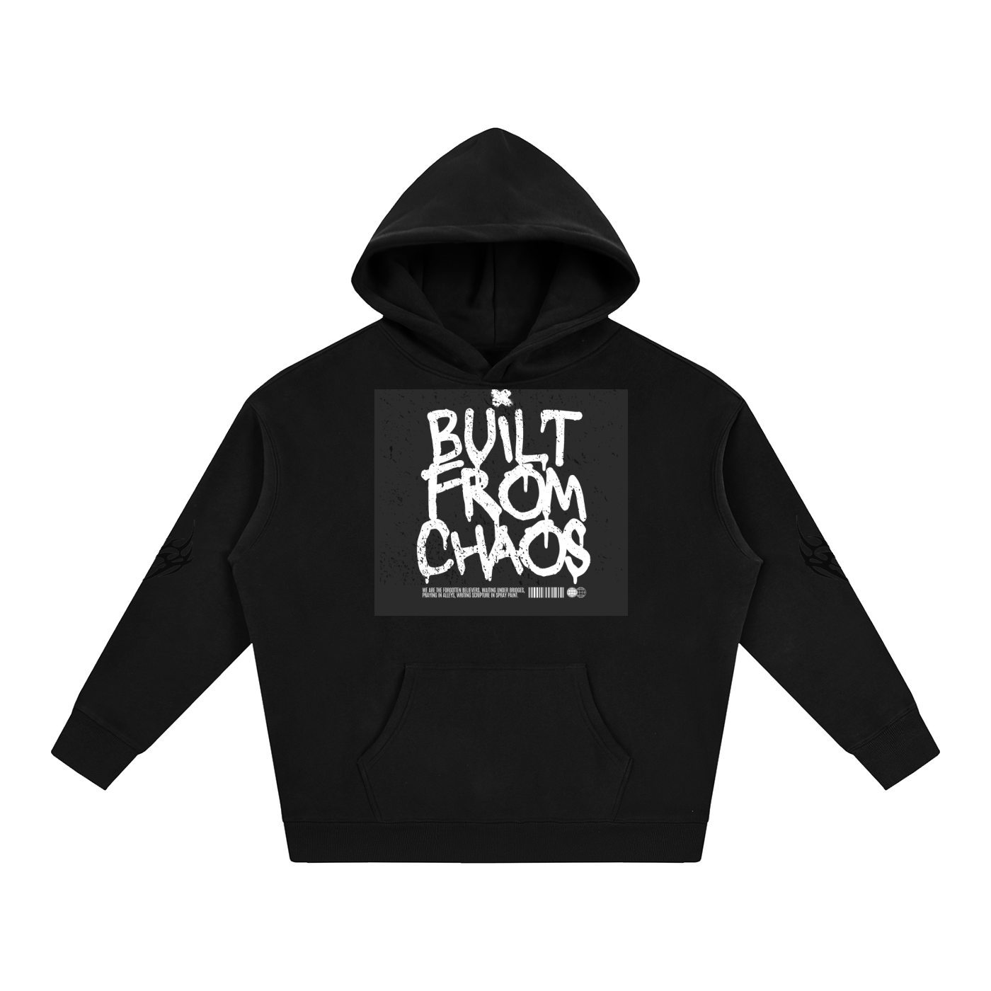 Black hoodie with 'Built From Chaos' graphic print, front pocket, and sleeve details