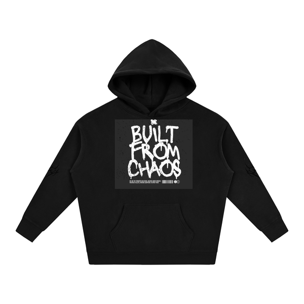 Black hoodie with 'Built From Chaos' graphic print, front pocket, and sleeve details