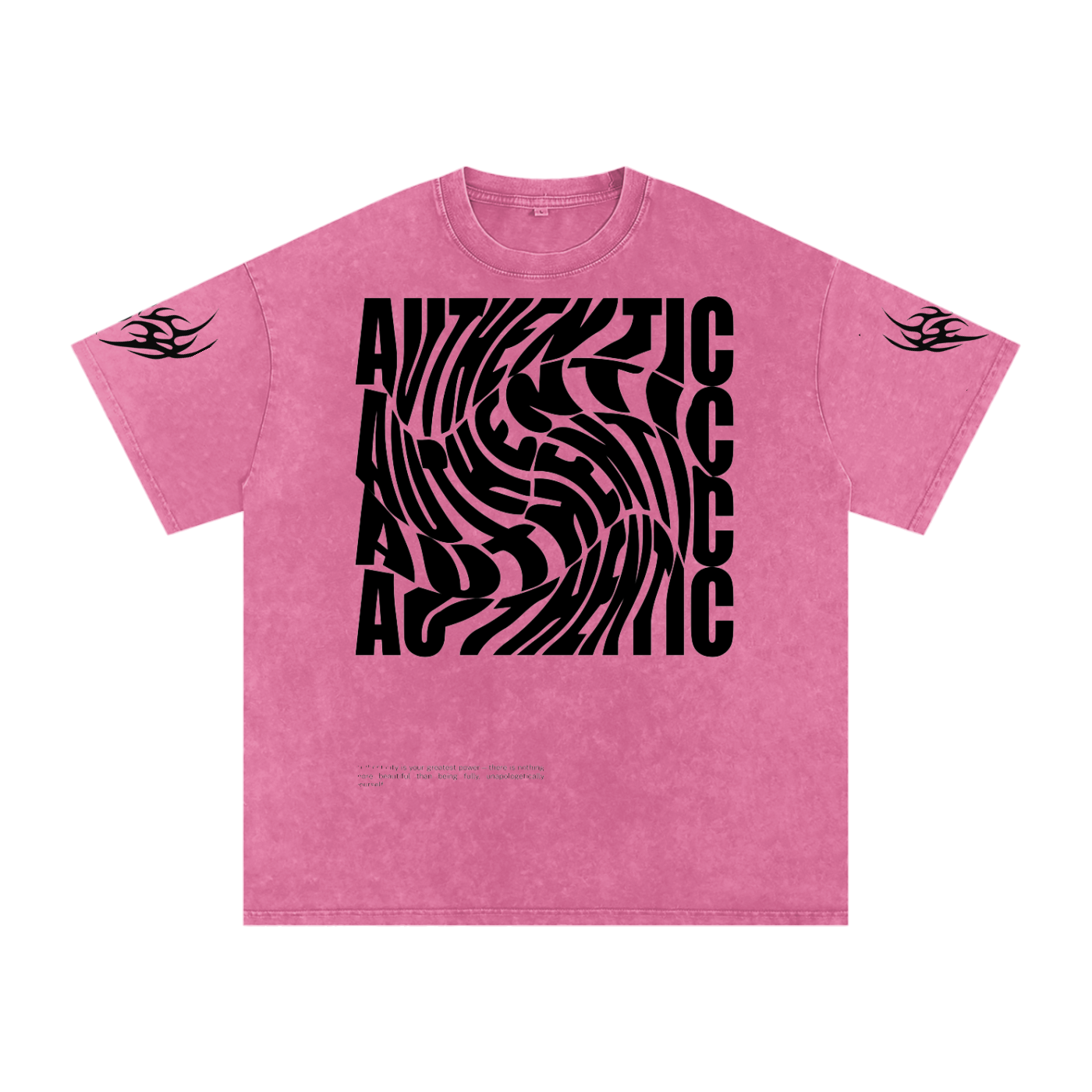 Pink graphic tee with bold 'AUTHENTIC' swirl print and tribal sleeve designs, oversized fit
