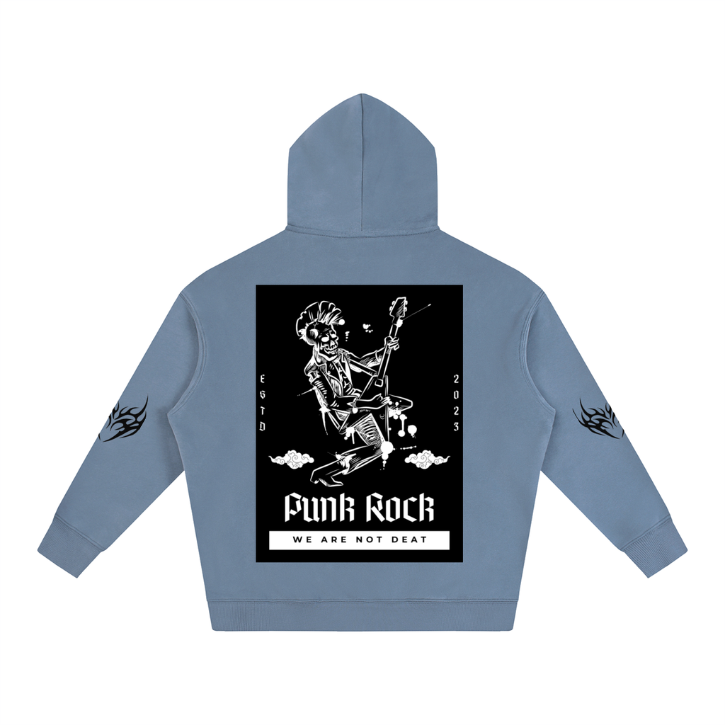 Blue hoodie with punk rock skeleton graphic, 'Funk Rock' text, and flame designs on sleeves