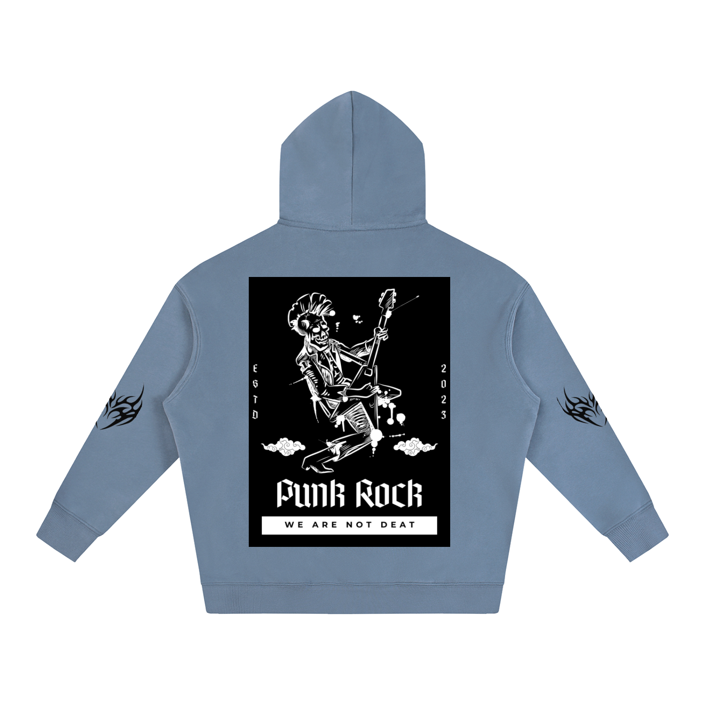 Blue hoodie with punk rock skeleton graphic, 'Funk Rock' text, and flame designs on sleeves