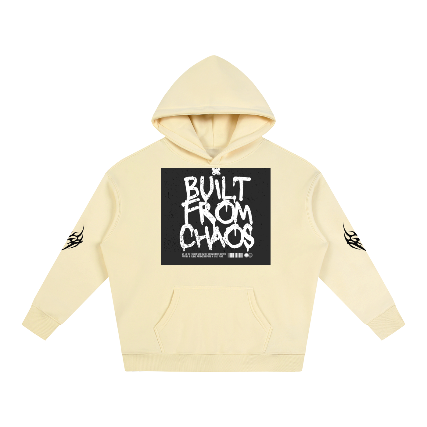 Cream hoodie with 'Built From Chaos' graphic print and tribal sleeve designs, streetwear style