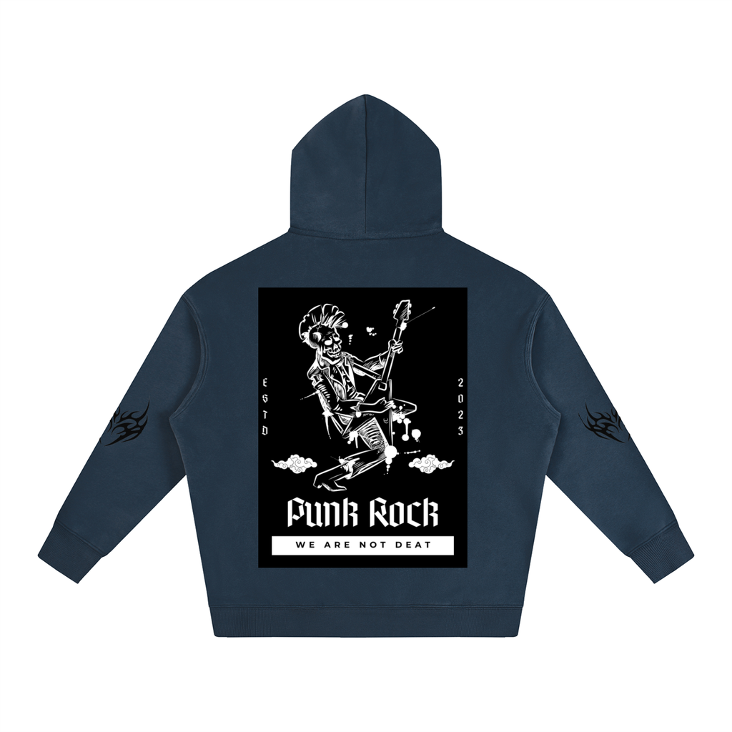 Dark blue hoodie with punk rock skeleton graphic, 'Funk Rock' text, and flame designs on sleeves