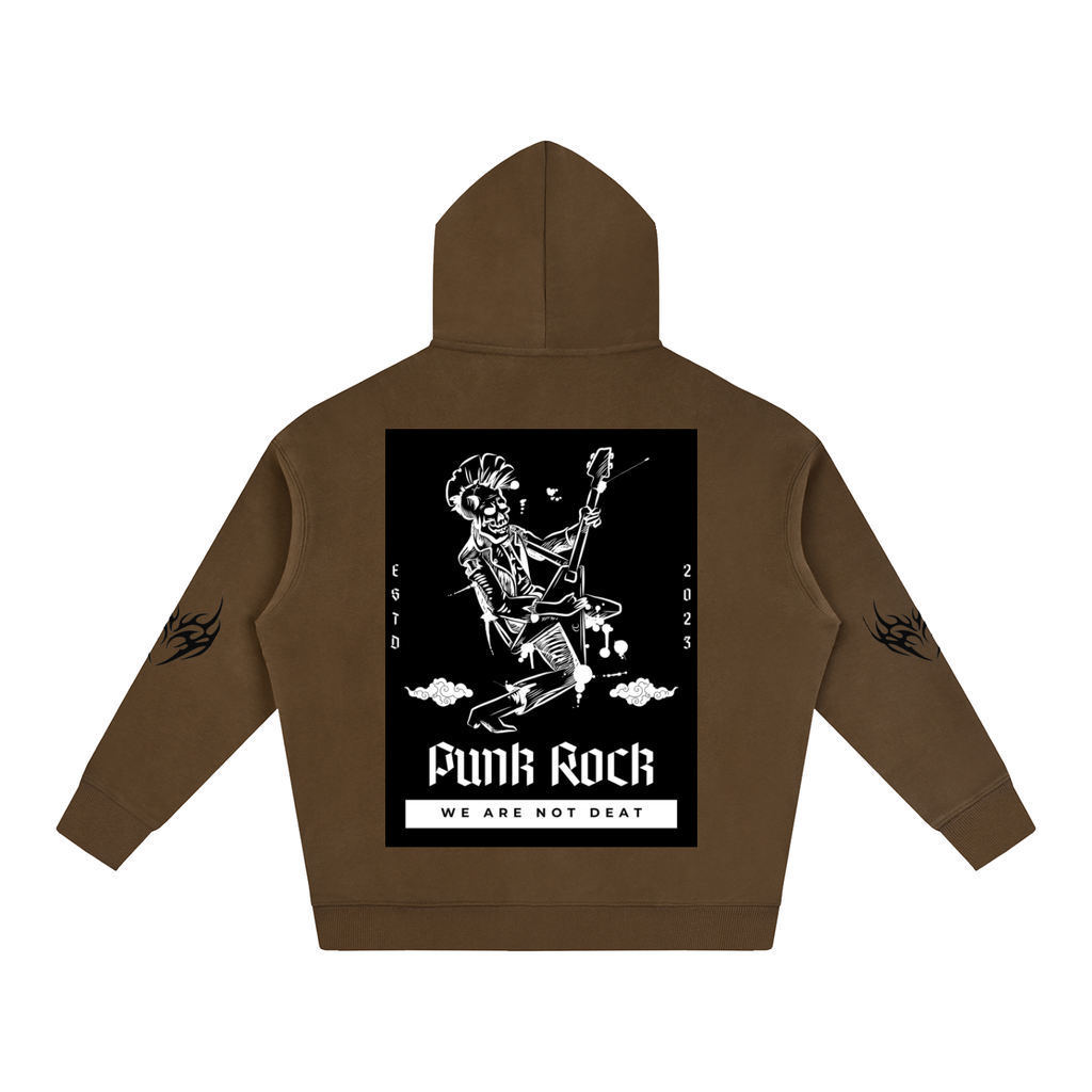 Brown hoodie with punk rock skeleton graphic, 'Funk Rock' text, and flame details on sleeves