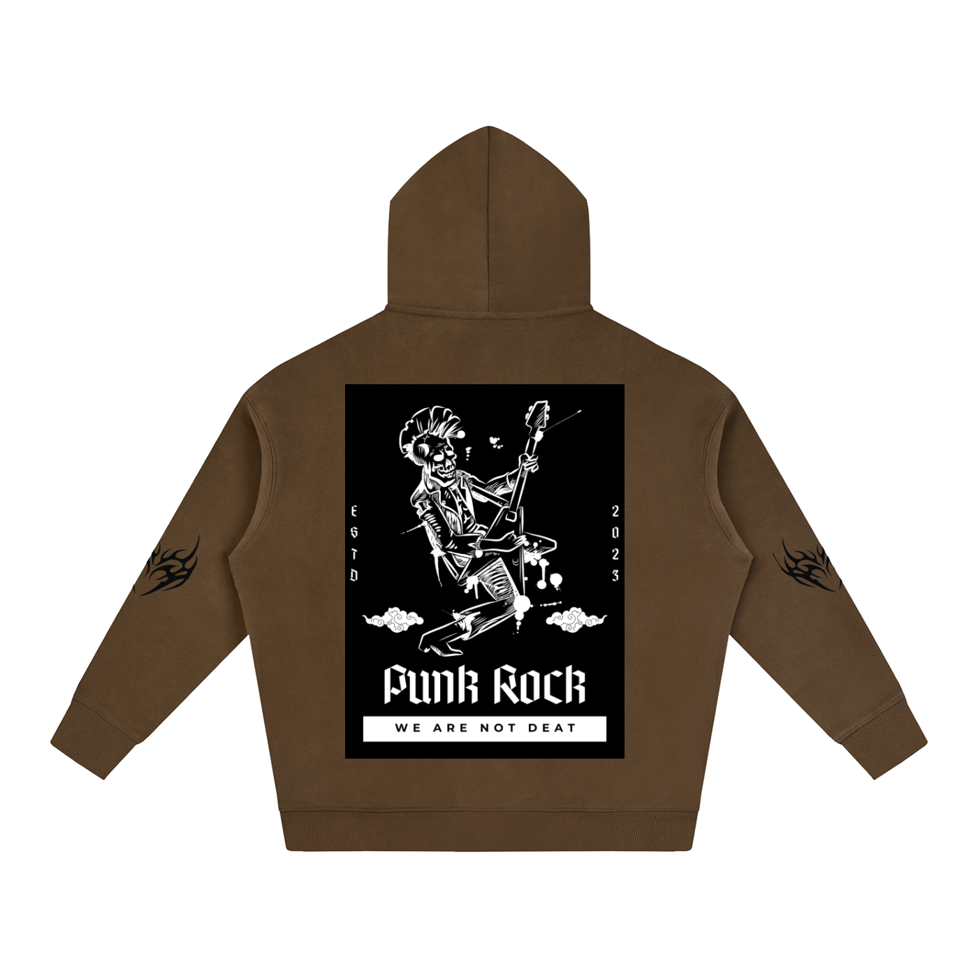 Brown hoodie with punk rock skeleton graphic, 'Funk Rock' text, and flame details on sleeves