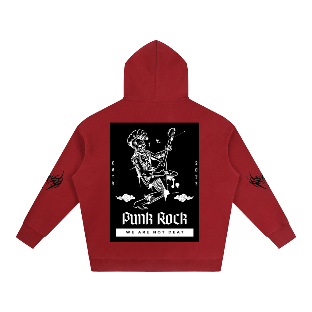 Red hoodie with punk rock skeleton graphic, 'Funk Rock' text, and flame sleeve details