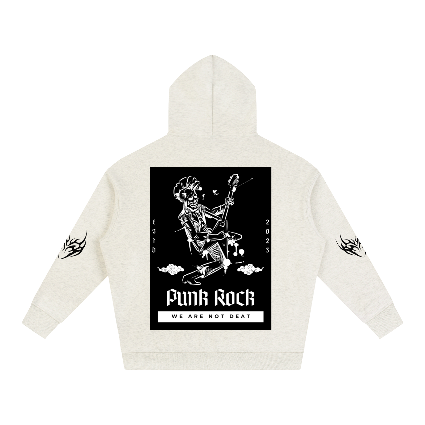 Cream hoodie with punk rock skeleton graphic, flame sleeves, 'Funk Rock' text, and 'We Are Not Deat' slogan