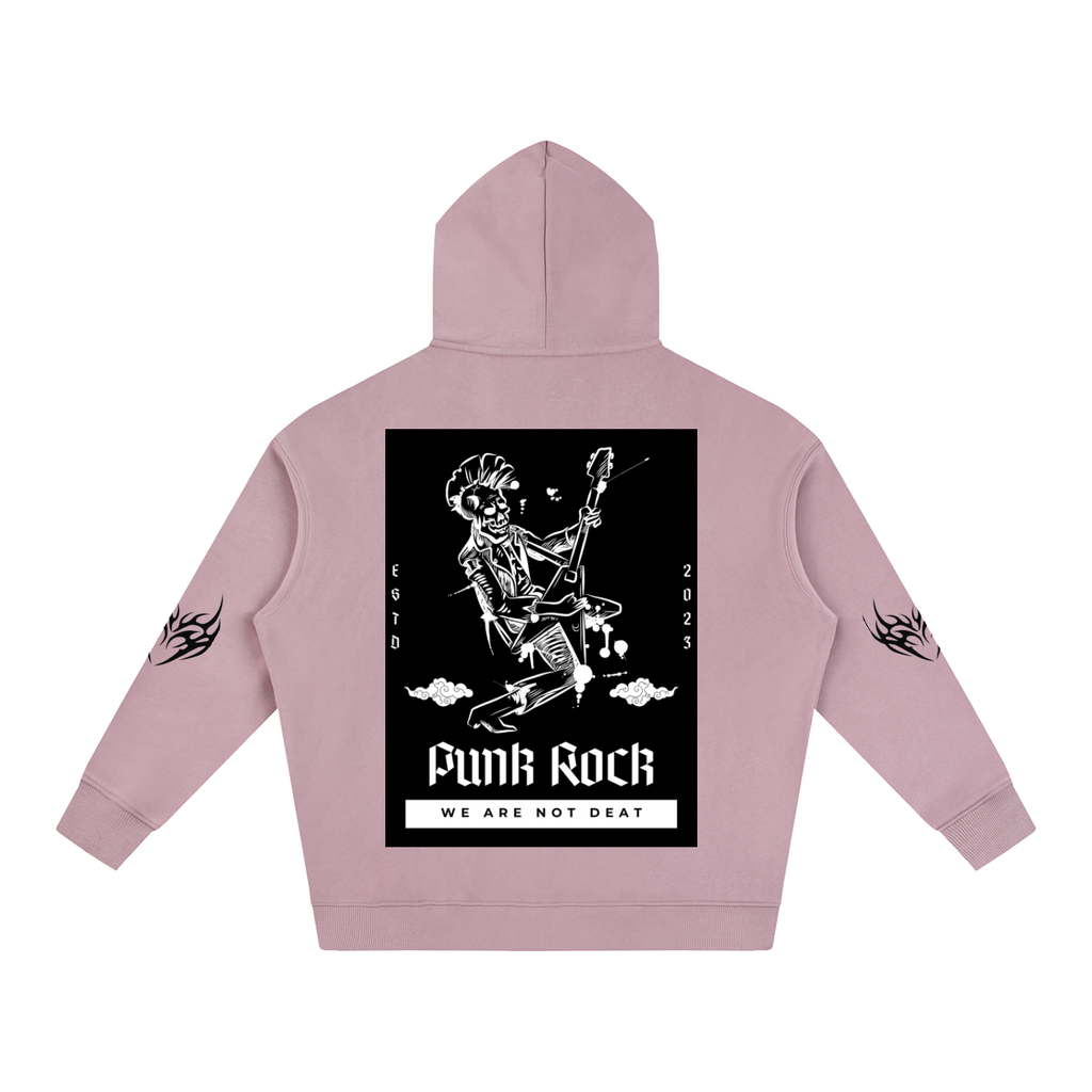 Pink hoodie with punk rock skeleton graphic, 'Funk Rock' text, and flame designs on sleeves
