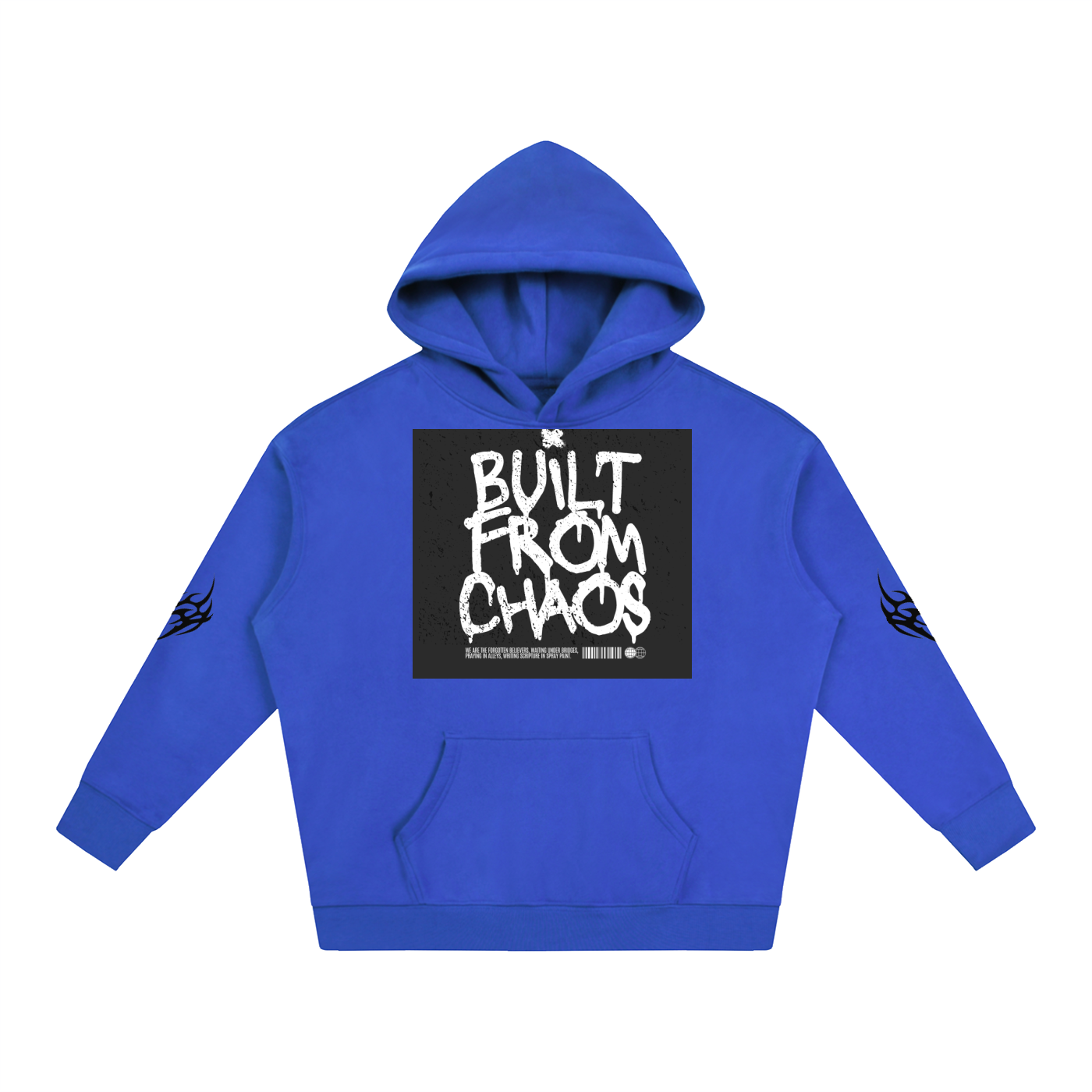 Royal blue hoodie with 'Built From Chaos' graphic print and tribal sleeve designs