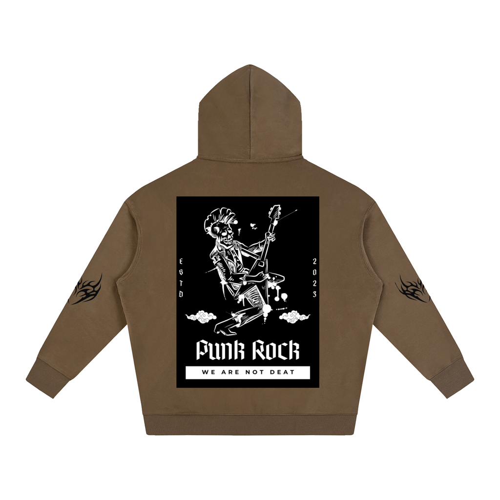 Brown hoodie with punk rock skeleton graphic, flame sleeves, and 'We Are Not Deat' text