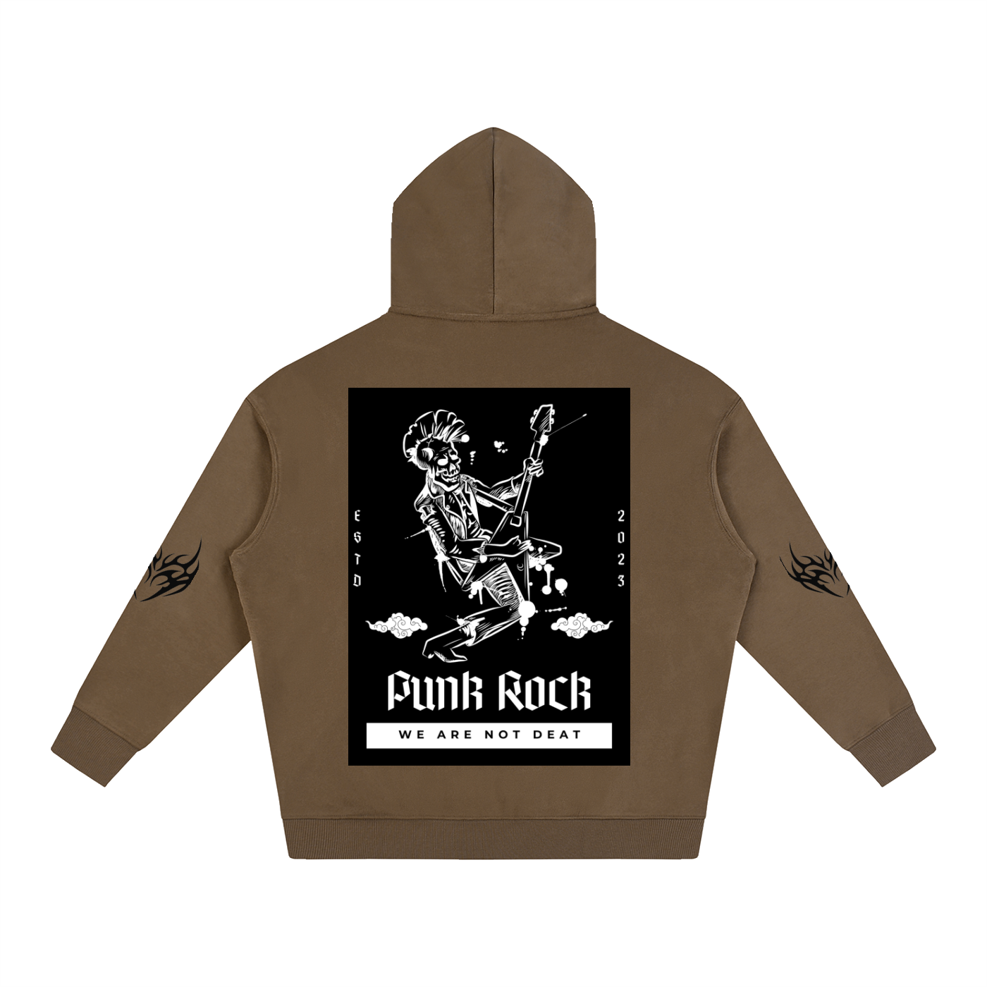 Brown hoodie with punk rock skeleton graphic, flame sleeves, and 'We Are Not Deat' text