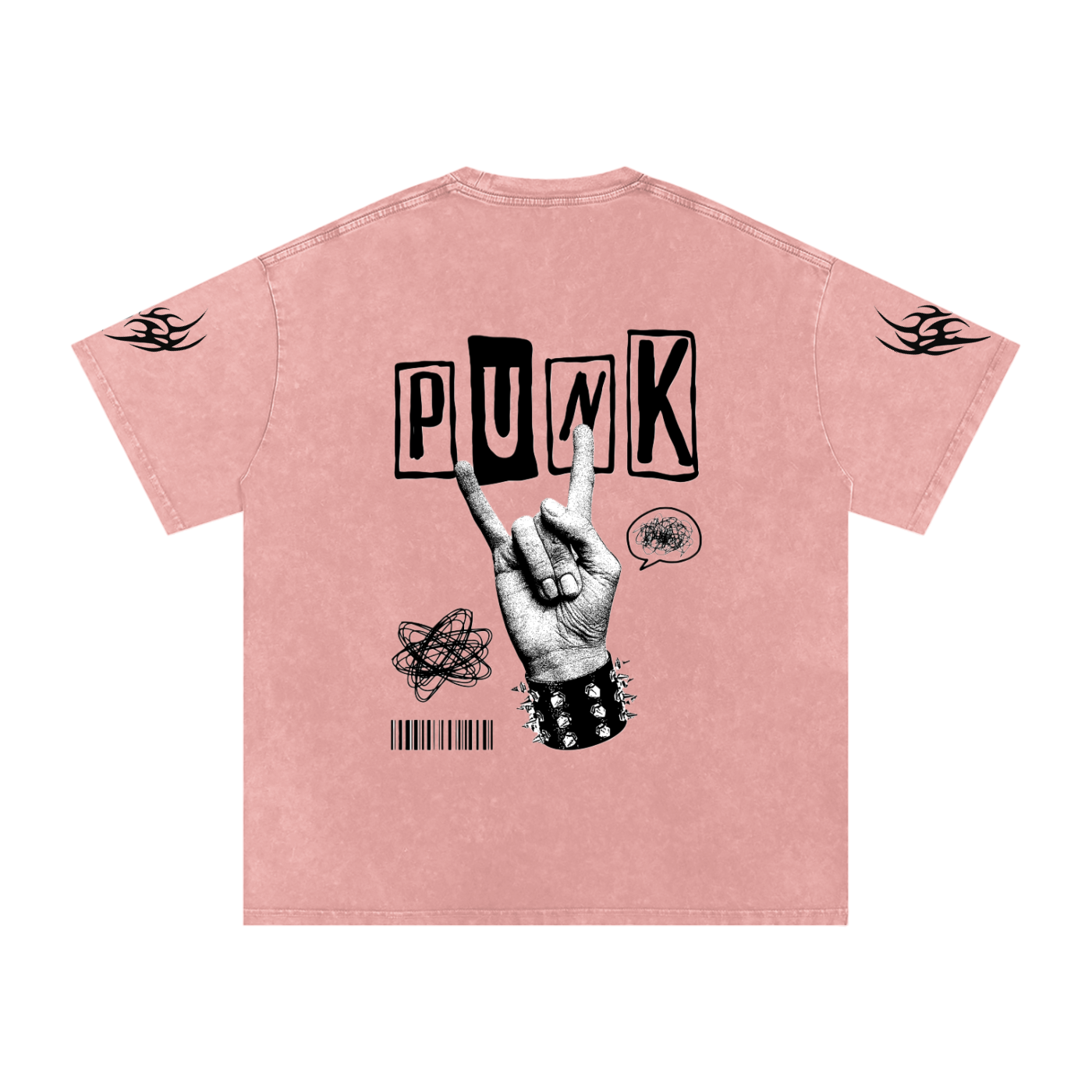 Pink punk graphic tee with 'PUNK' text, rock hand sign, and flame sleeve details