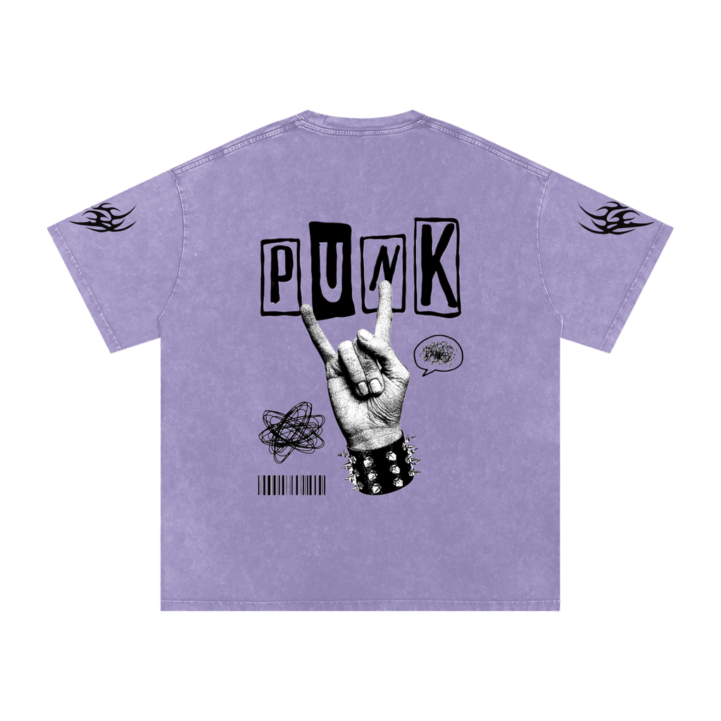 Purple punk graphic tee with 'PUNK' text, rock hand sign, and flame sleeve details