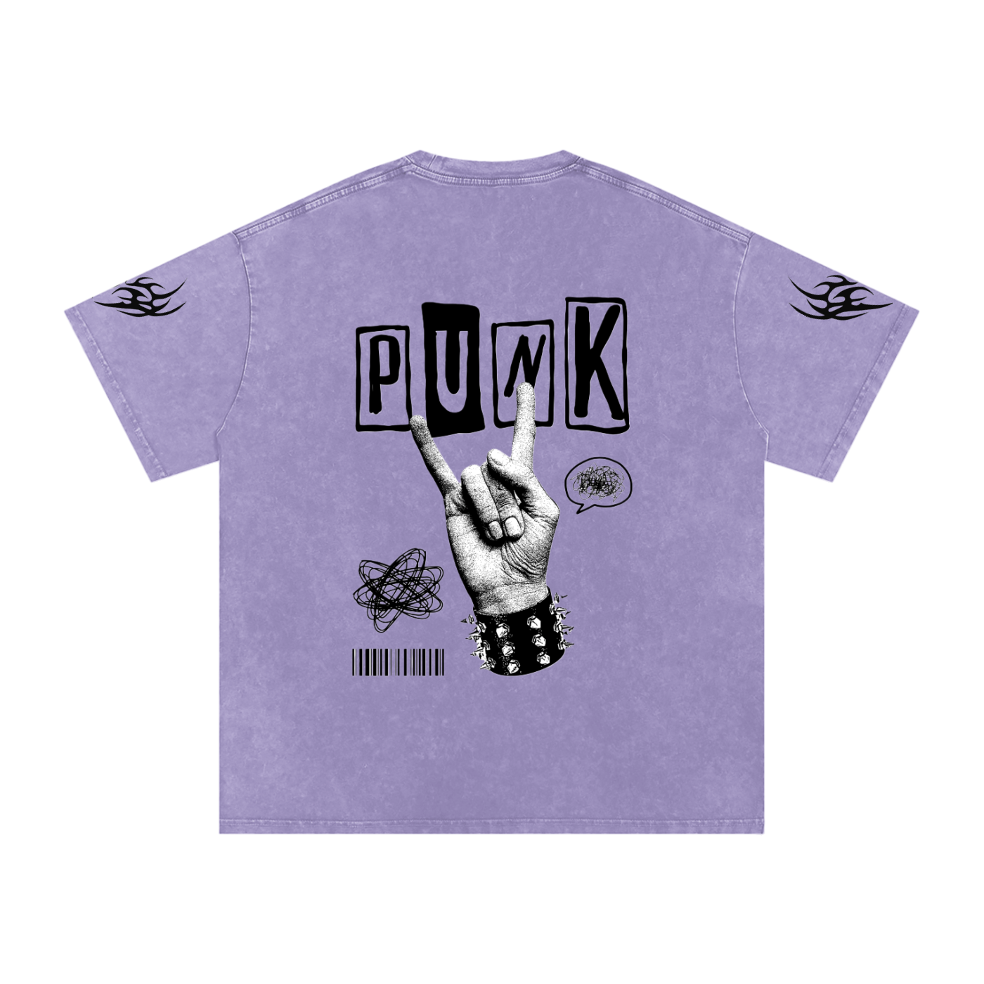 Purple punk graphic tee with 'PUNK' text, rock hand sign, and flame sleeve details