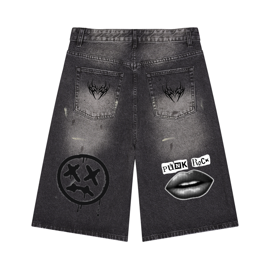 Punk Men’s Vintage Wash Wide Leg Denim Shorts